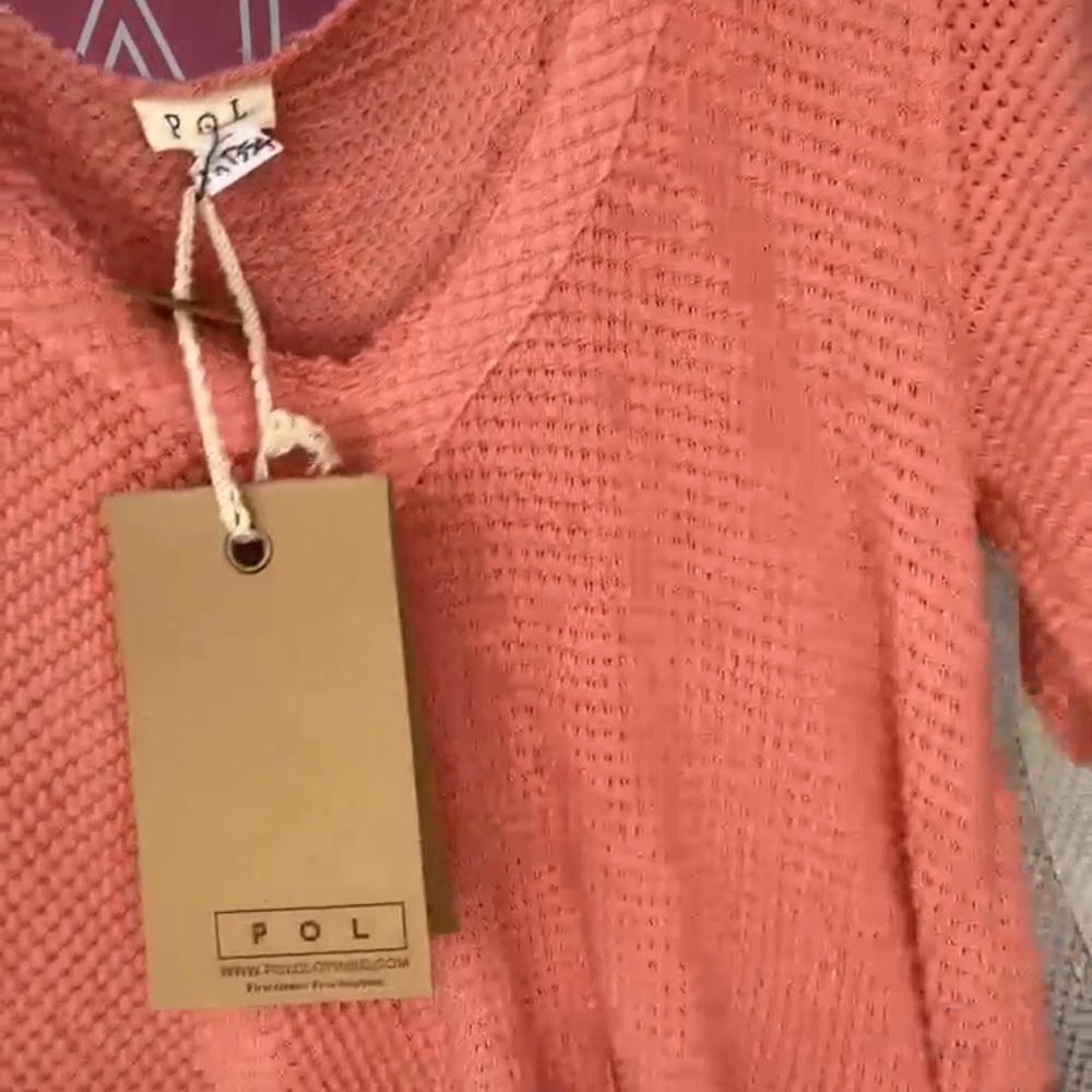 POL v-neck short sleeve waffle knit top. Color is Coral Orange